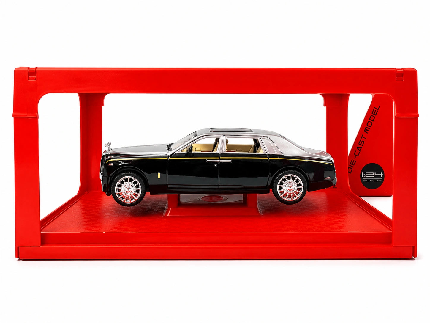 1:24 scale luxury die-cast model car with detailed interior, premium black finish, and collectible display case.