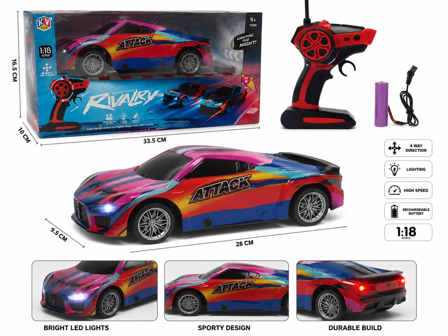 Colorful Rivalry RC toy car with remote control on white background.