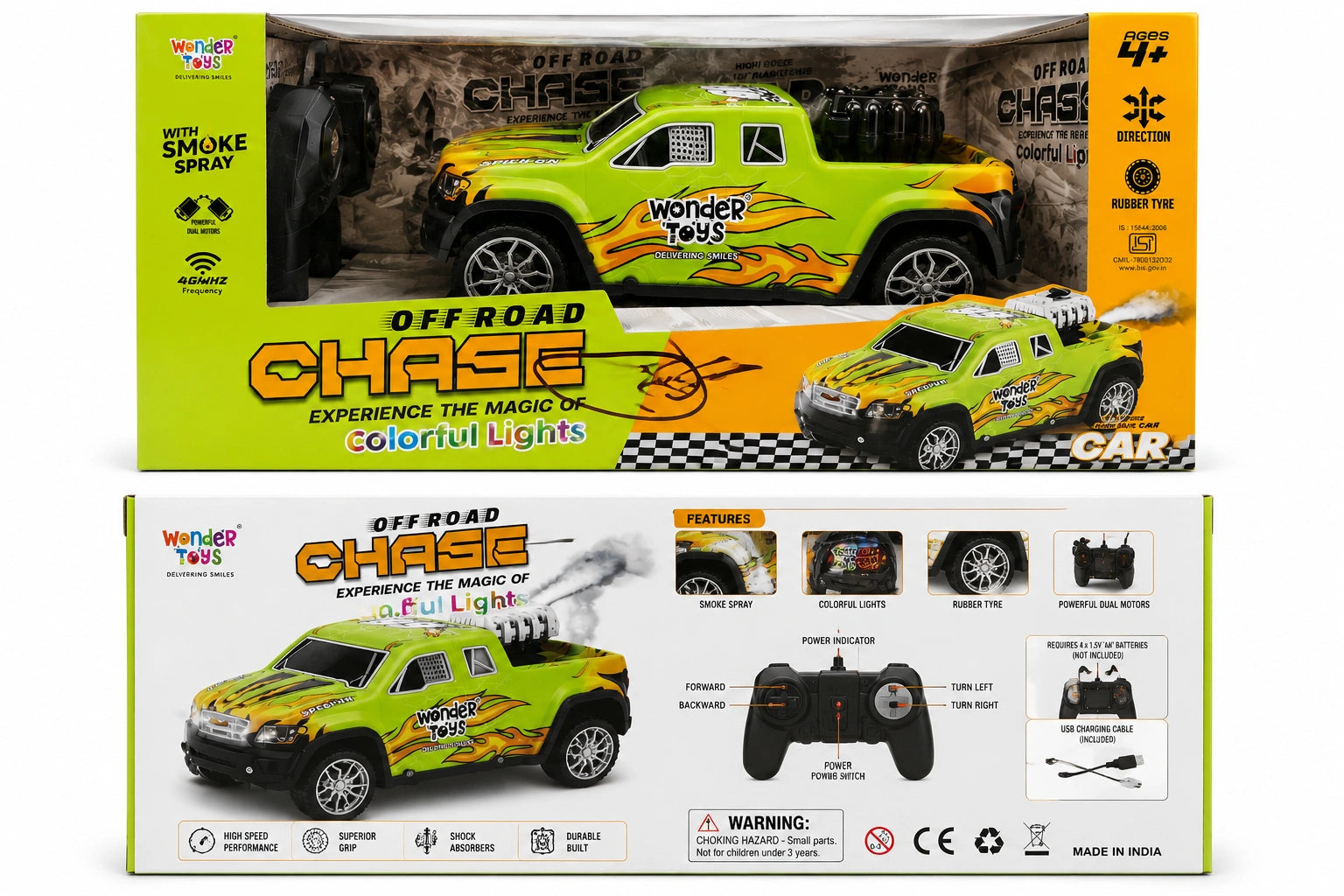Buy Off Road Chase RC Car with smoke spray, colorful lights, rubber tyres & powerful motors at Toy Trendz by JJR Mart. Fun remote-control car for kids.