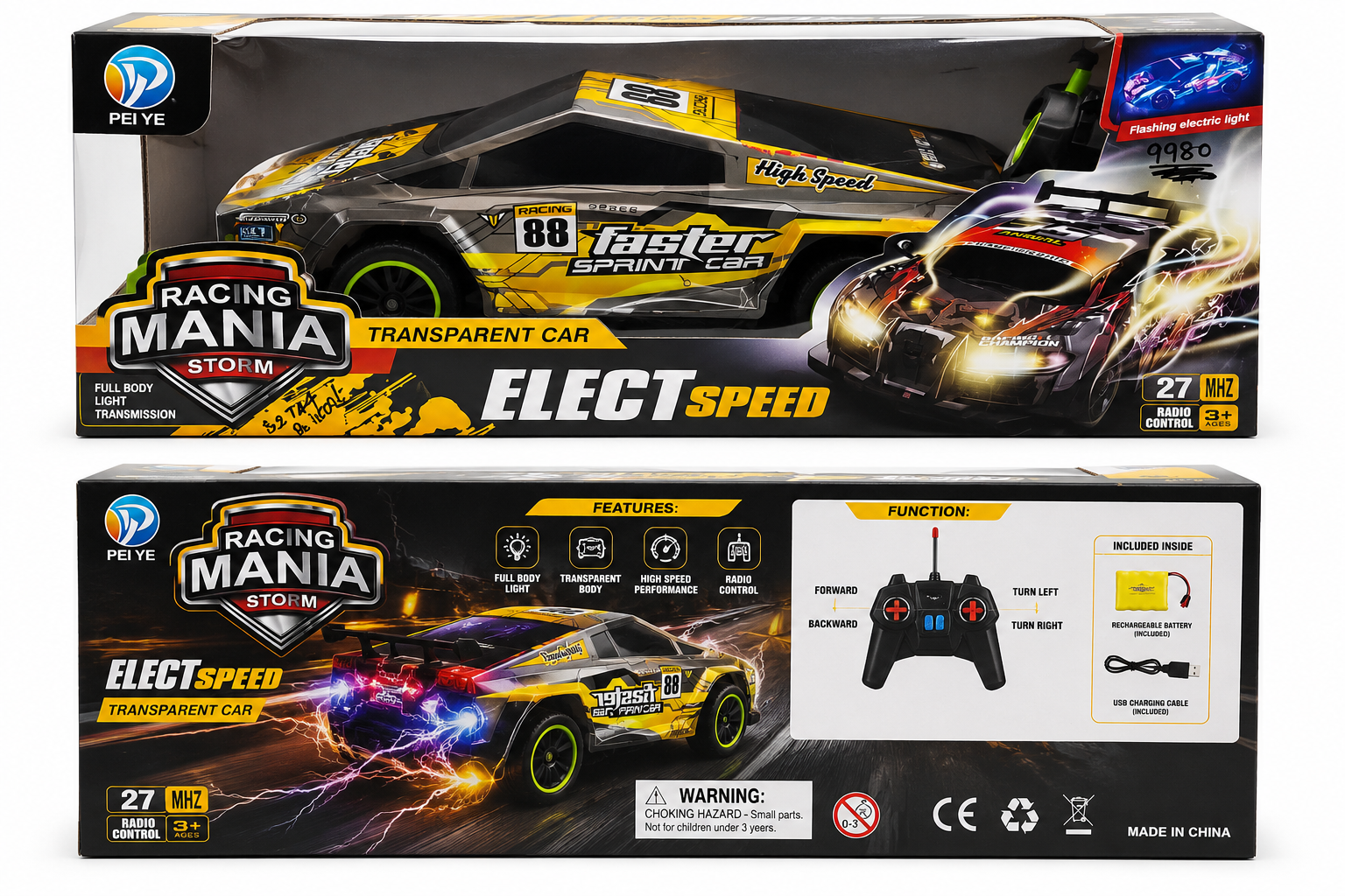 Elect Speed transparent RC racing car with flashing lights and radio control in black and yellow design from Toy Trendz JJR Mart.