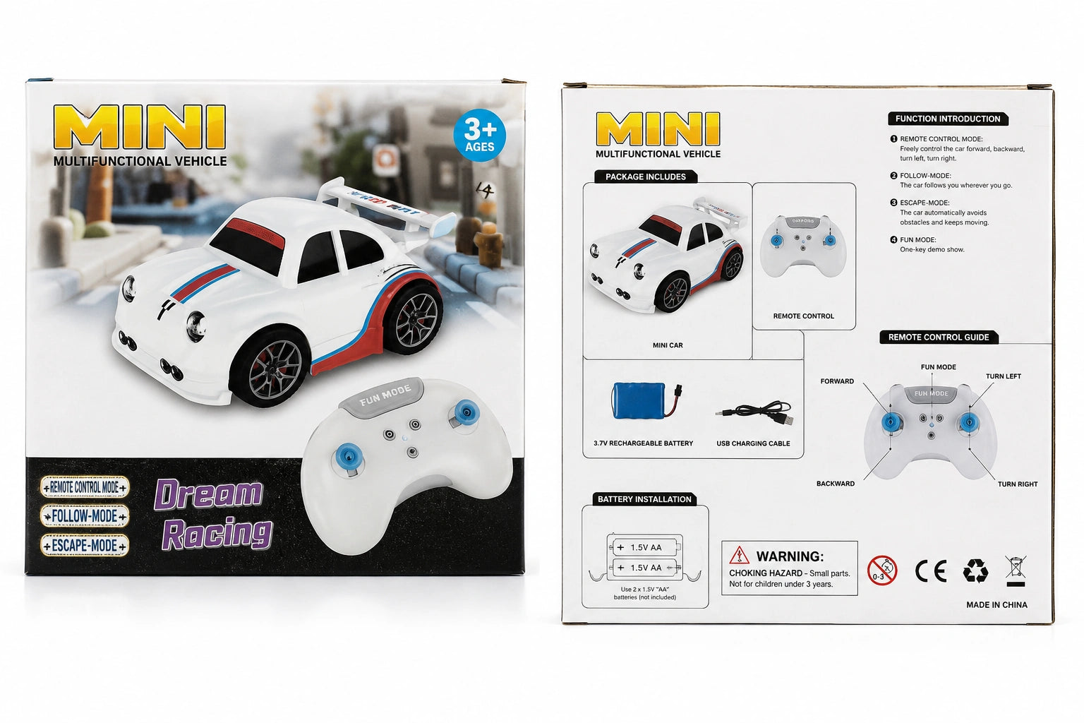 White Mini Dream Racing multifunctional RC car with remote controller and rechargeable battery from Toy Trendz JJR Mart.