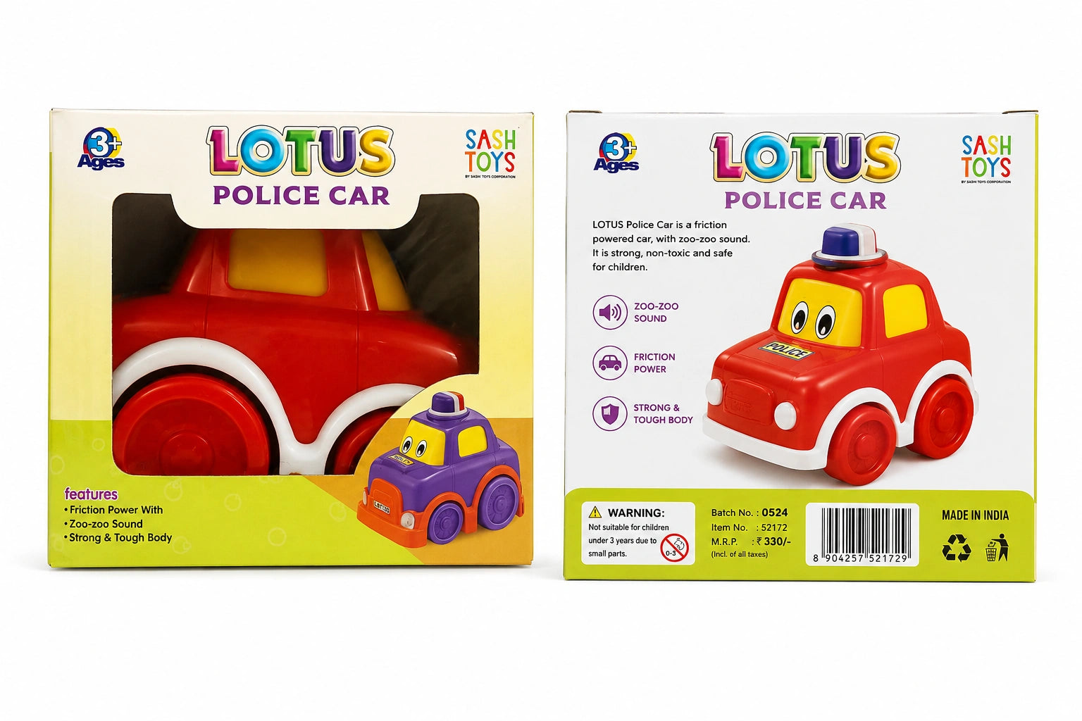 Lotus Police Car friction-powered toy car with zoo-zoo sound and strong body for kids from Toy Trendz JJR Mart.