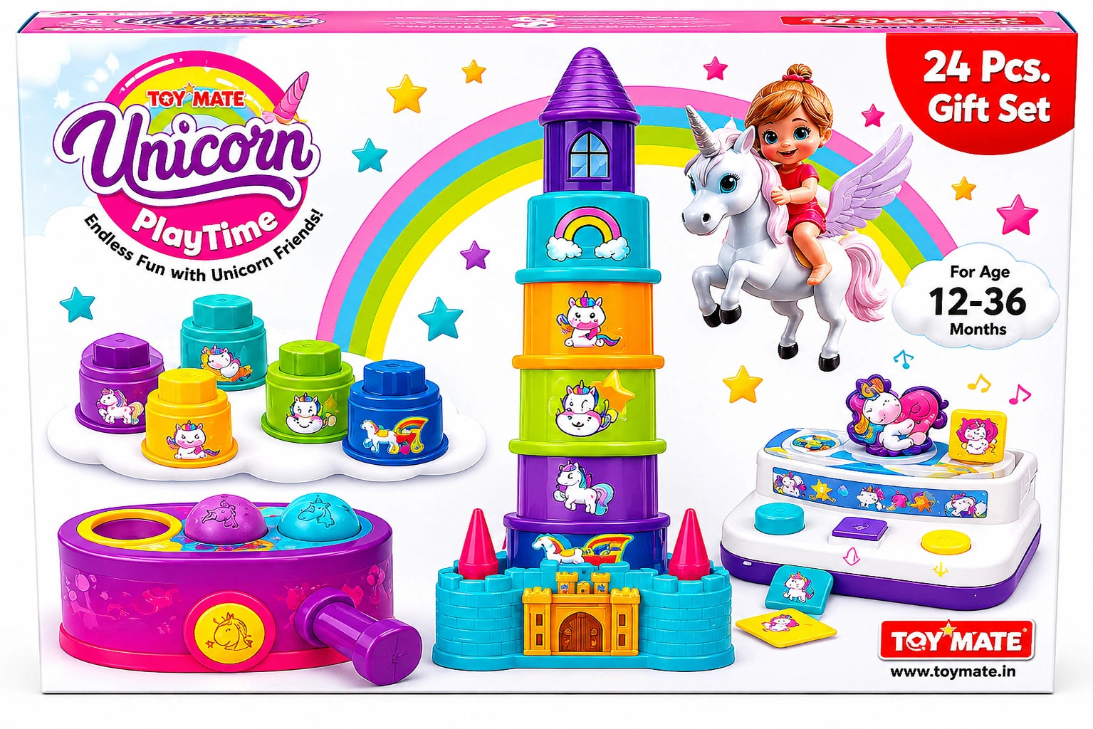 Unicorn PlayTime 24-piece educational toy gift set with stacking tower and activity toys for toddlers from Toy Trendz JJR Mart.