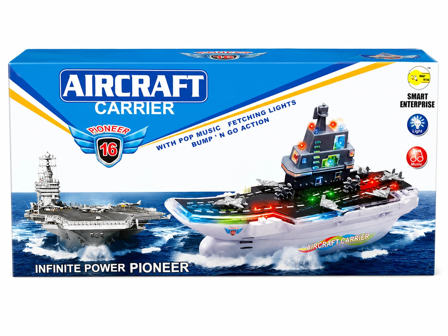 Aircraft Carrier toy with lights, music, and bump go action for kids from Toy Trendz JJR Mart.