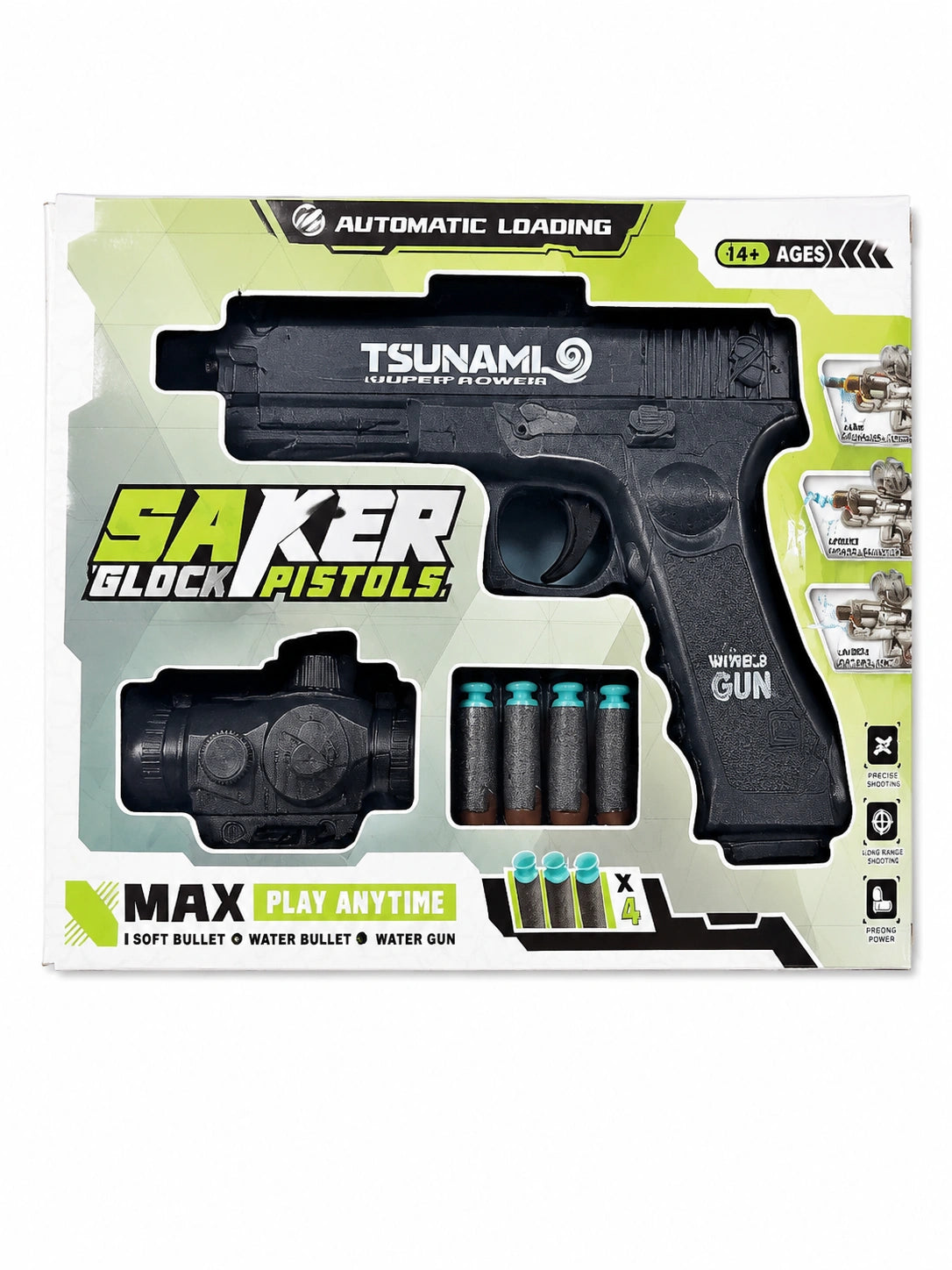 Kids Saker Glock Pistols toy gun set with soft bullets and tactical accessories on white background from Toy Trendz JJR Mart.