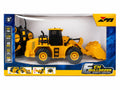 Remote control bulldozer construction toy with controller and loader bucket on white background from Toy Trendz JJR Mart.