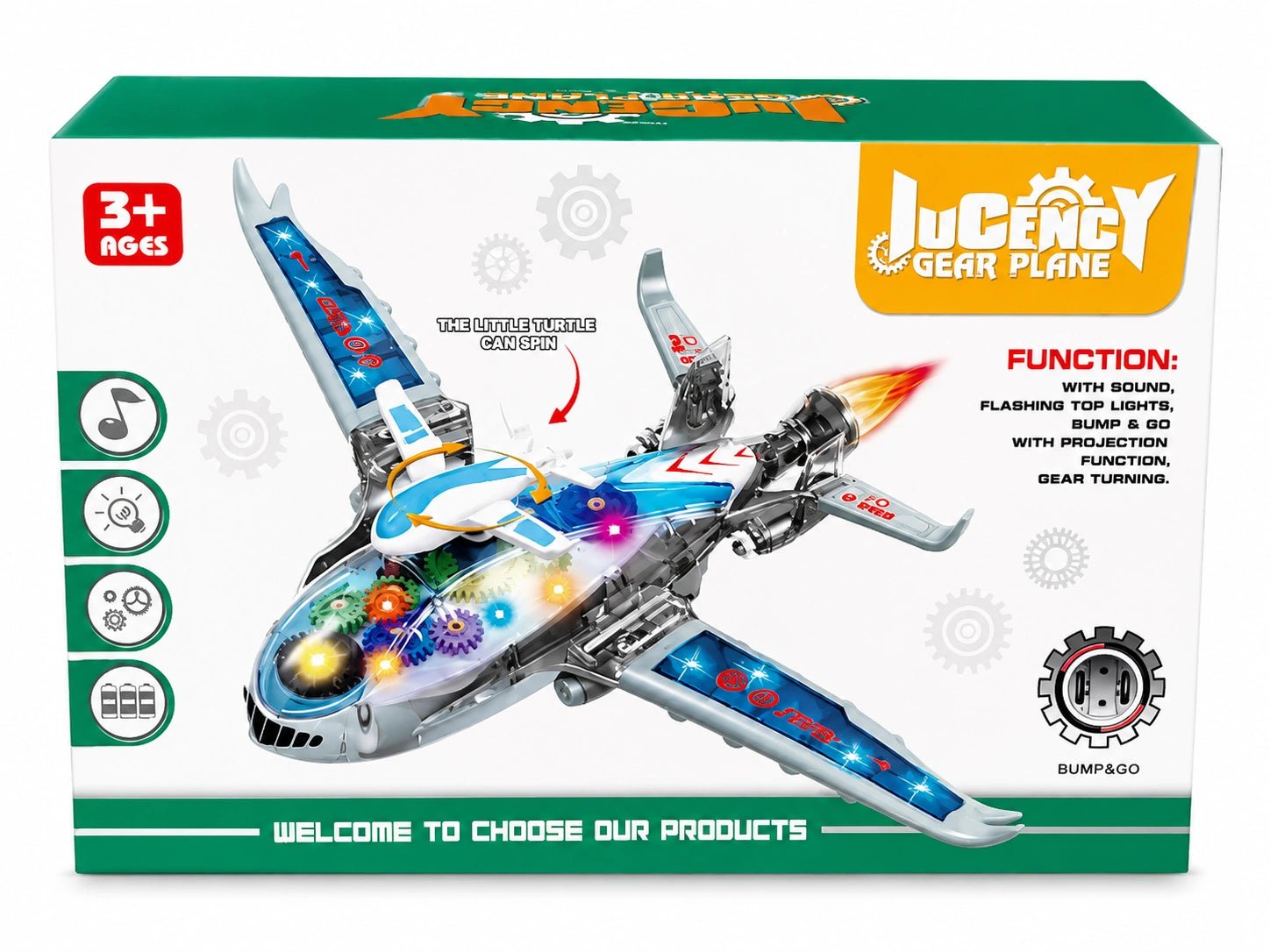 Transparent gear airplane toy with lights, sound, and bump go action on white background from Toy Trendz JJR Mart.