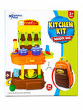 Kids kitchen kit school bag playset with cooking accessories, utensils, and toy cookware on white background from Toy Trendz JJR Mart.