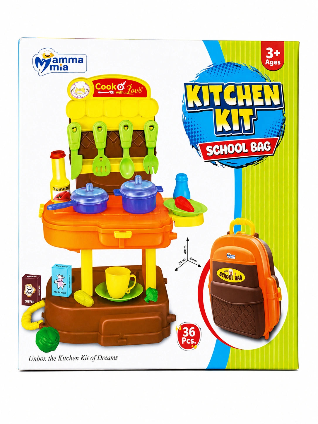 Kids kitchen kit school bag playset with cooking accessories, utensils, and toy cookware on white background from Toy Trendz JJR Mart.