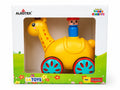 Happy Giraffe push and go toy with colorful wheels and cartoon giraffe design on white background from Toy Trendz JJR Mart.