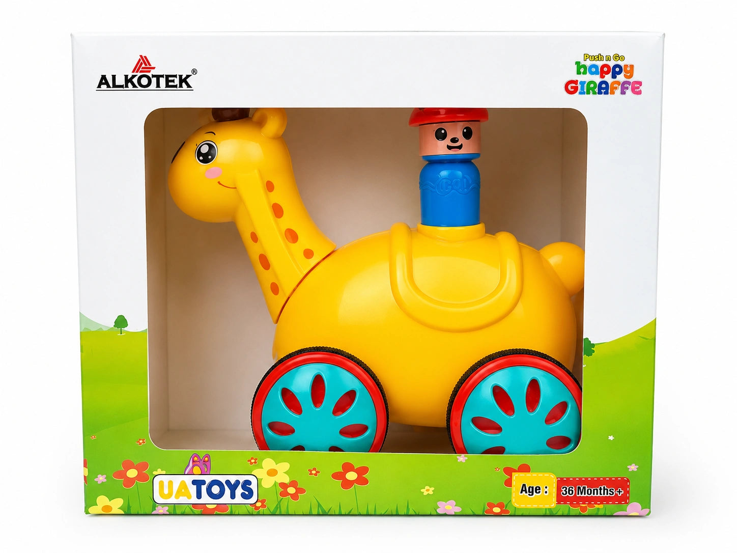 Happy Giraffe push and go toy with colorful wheels and cartoon giraffe design on white background from Toy Trendz JJR Mart.