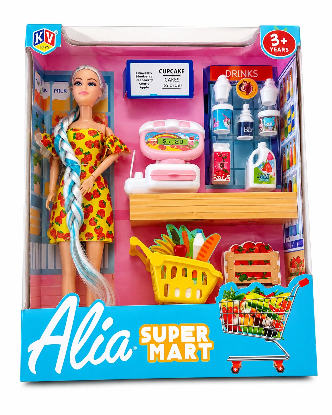 Super Mart doll play set with shopping accessories, mini supermarket counter, and fashion doll on white background from Toy Trendz JJR Mart.