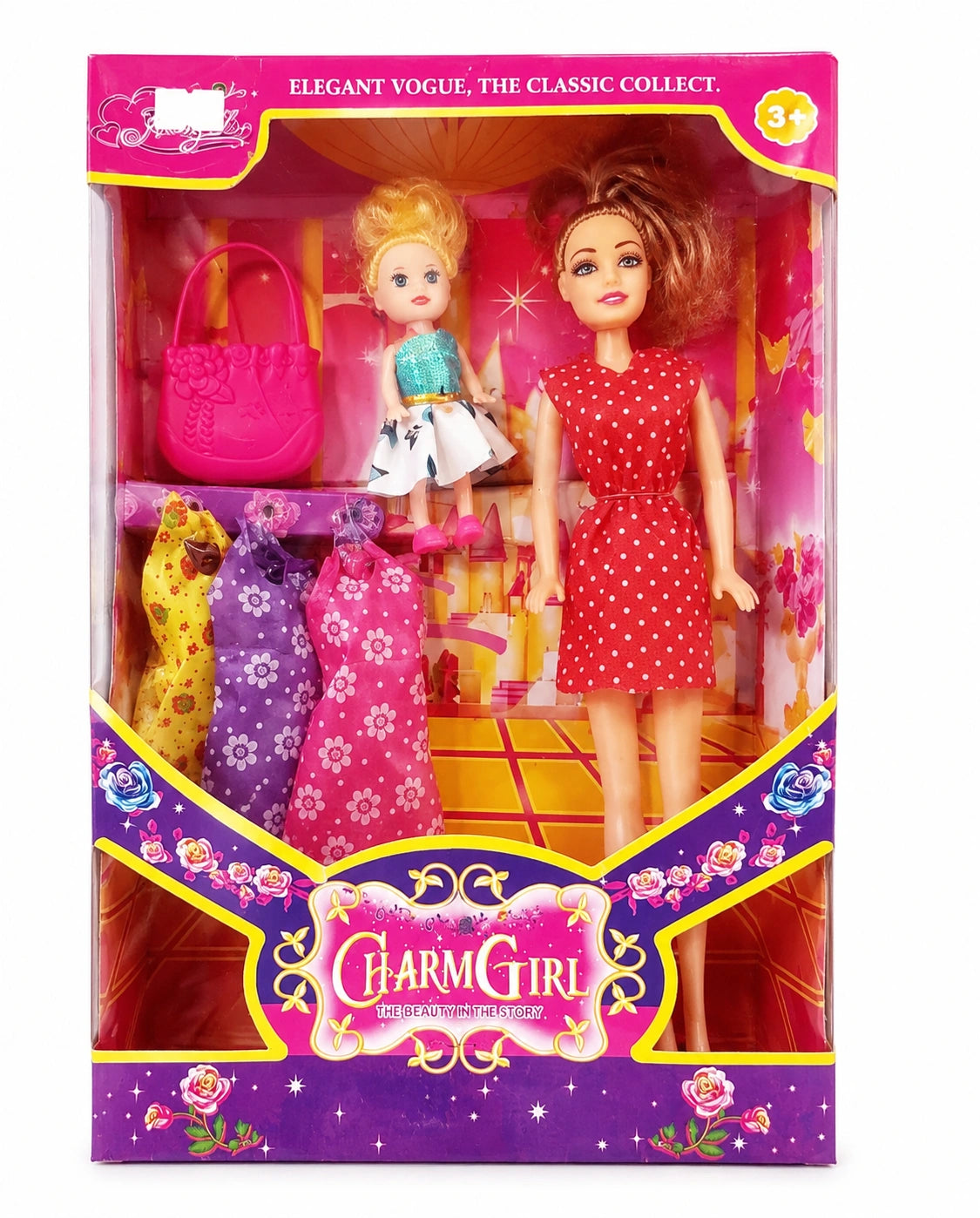 Charm Girl fashion doll set with mini doll, extra dresses, and accessories on white background from Toy Trendz JJR Mart.