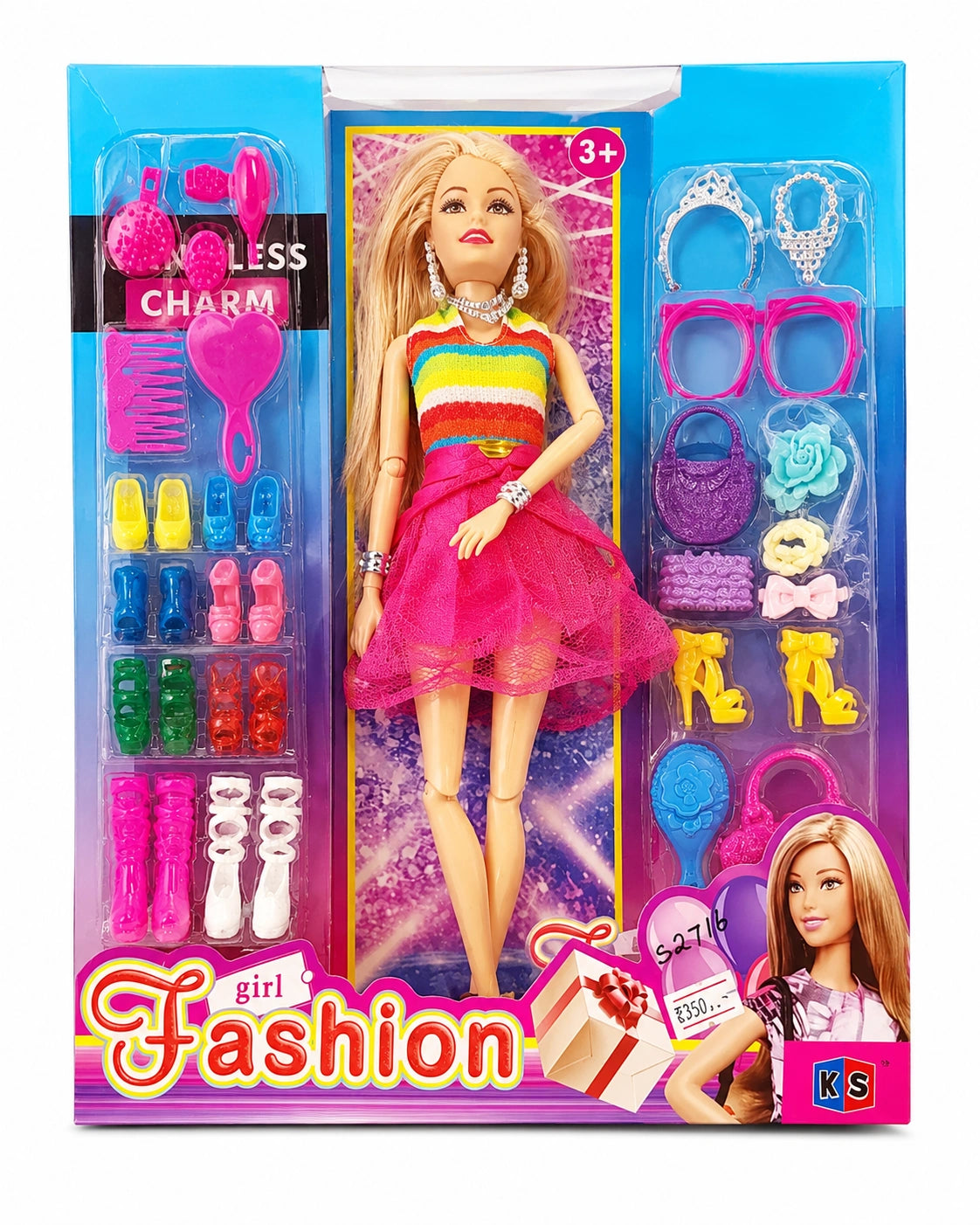 Fashion doll beauty set with colorful dresses, shoes, handbags, mirror, and fashion accessories on white background from Toy Trendz JJR Mart.