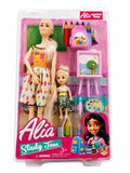 Alia Study Time doll set with mini doll, school accessories, backpack, art board, and educational play items on white background from Toy Trendz JJR Mart.