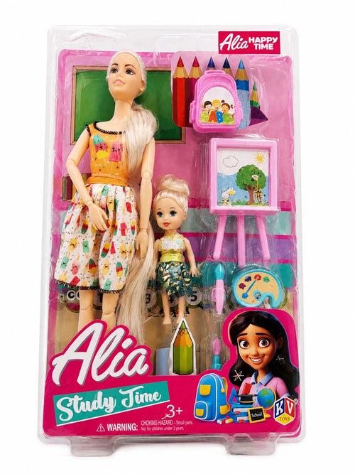 Alia Study Time doll set with mini doll, school accessories, backpack, art board, and educational play items on white background from Toy Trendz JJR Mart.