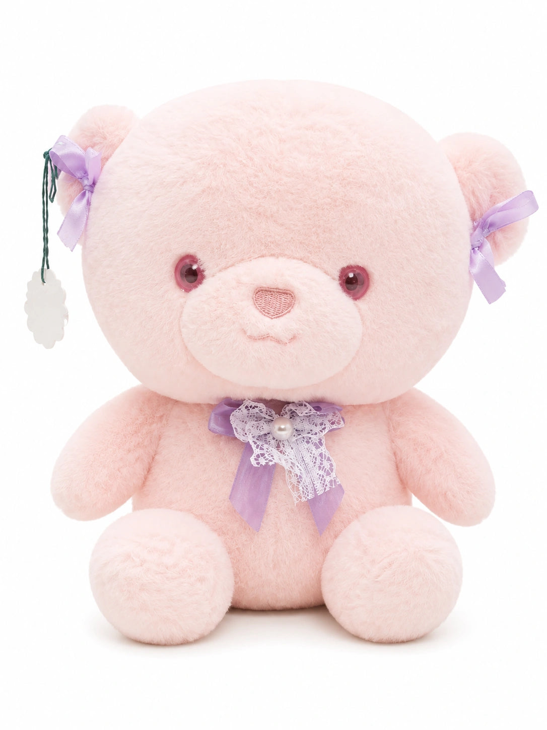 Soft pink teddy bear plush toy with ribbon bow for kids