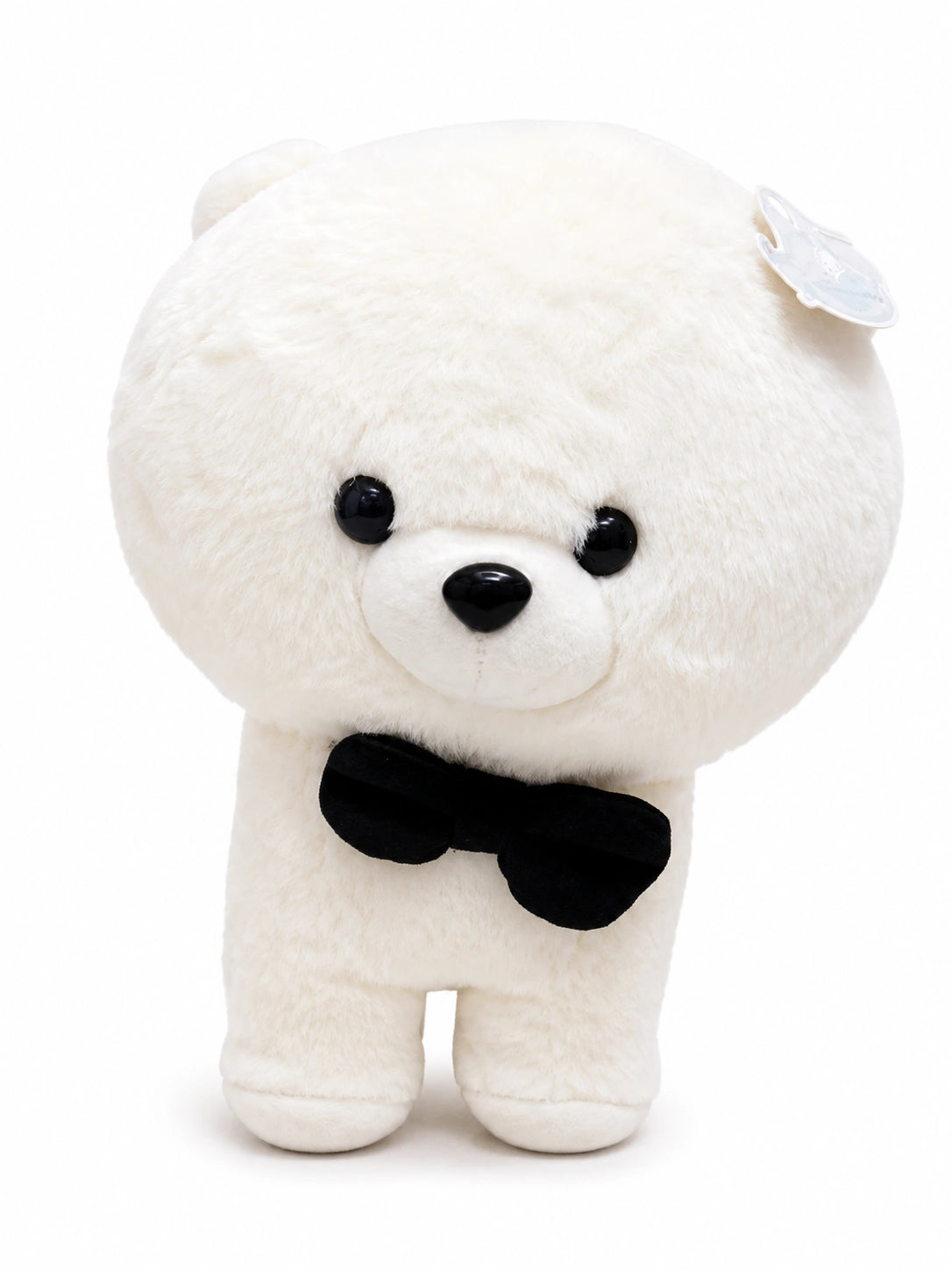 Soft white teddy bear plush toy with black bow tie for kids