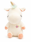 Soft white unicorn plush toy with rainbow horn and pastel accents for kids