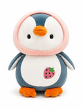 Cute penguin plush soft toy with pink hoodie and strawberry design for kids