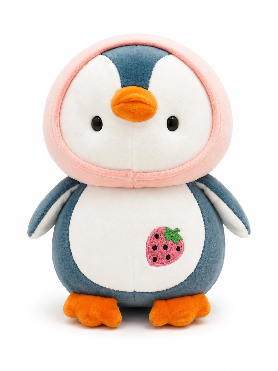 Cute penguin plush soft toy with pink hoodie and strawberry design for kids