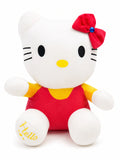 Cute white kitty plush soft toy with red bow and colorful outfit for kids