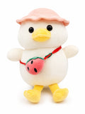 Cute white duck plush soft toy with pink hat and strawberry sling bag