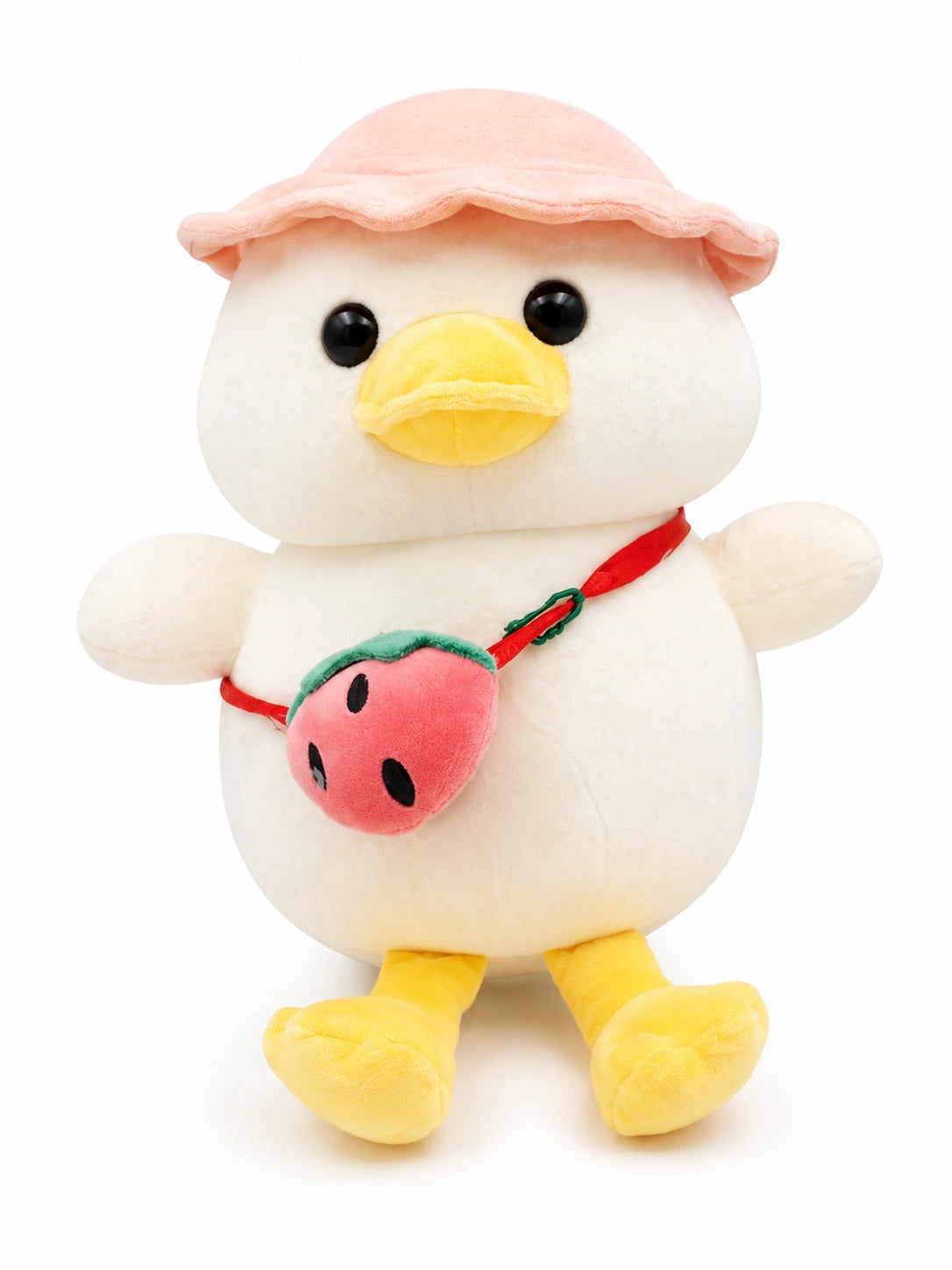 Cute white duck plush soft toy with pink hat and strawberry sling bag