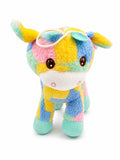 Cute rainbow cow plush soft toy with pastel colors and sunglasses for kids