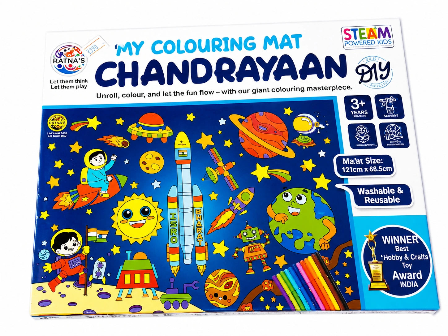 Chandrayaan space theme reusable colouring mat for kids with rockets, planets, astronauts, and colorful markers, available at Toy Trendz by JJR Mart Thoothukudi.