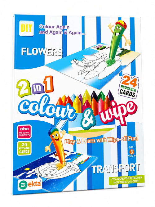 2 in 1 Colour and Wipe reusable educational activity cards for kids age 3+, featuring coloring and wipe-clean learning fun, available at Toy Trendz by JJR Mart Thoothukudi.