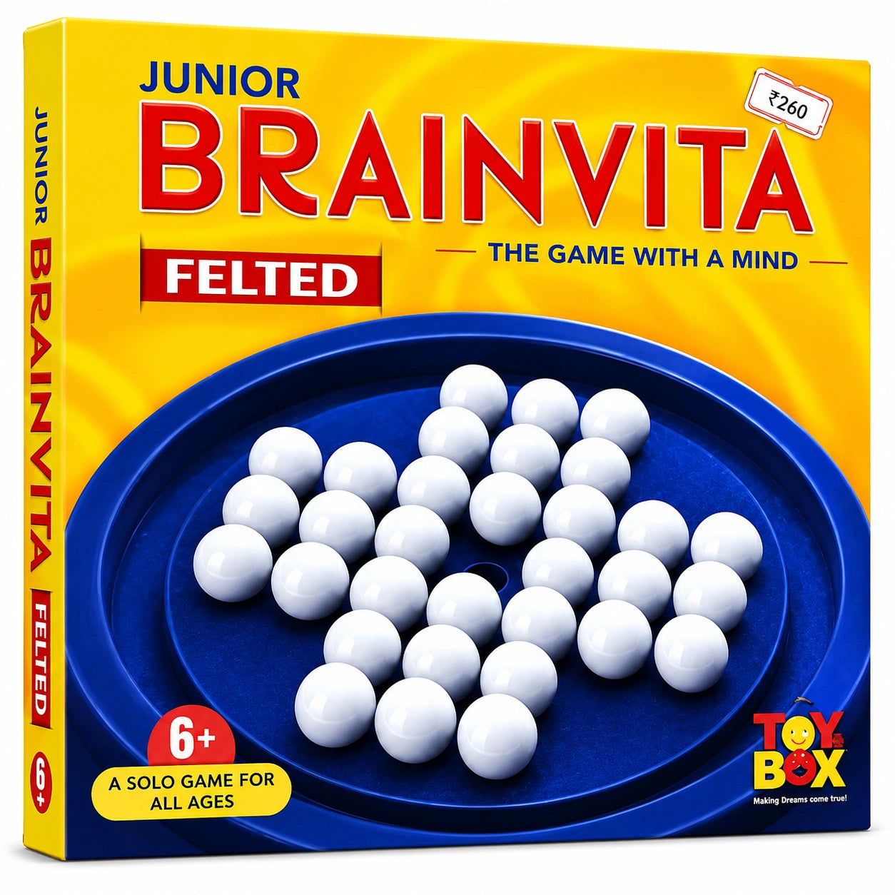 Junior Brainvita felted board game with white marbles and solo strategy gameplay for kids age 6+ and family fun, available at Toy Trendz by JJR Mart Thoothukudi.
