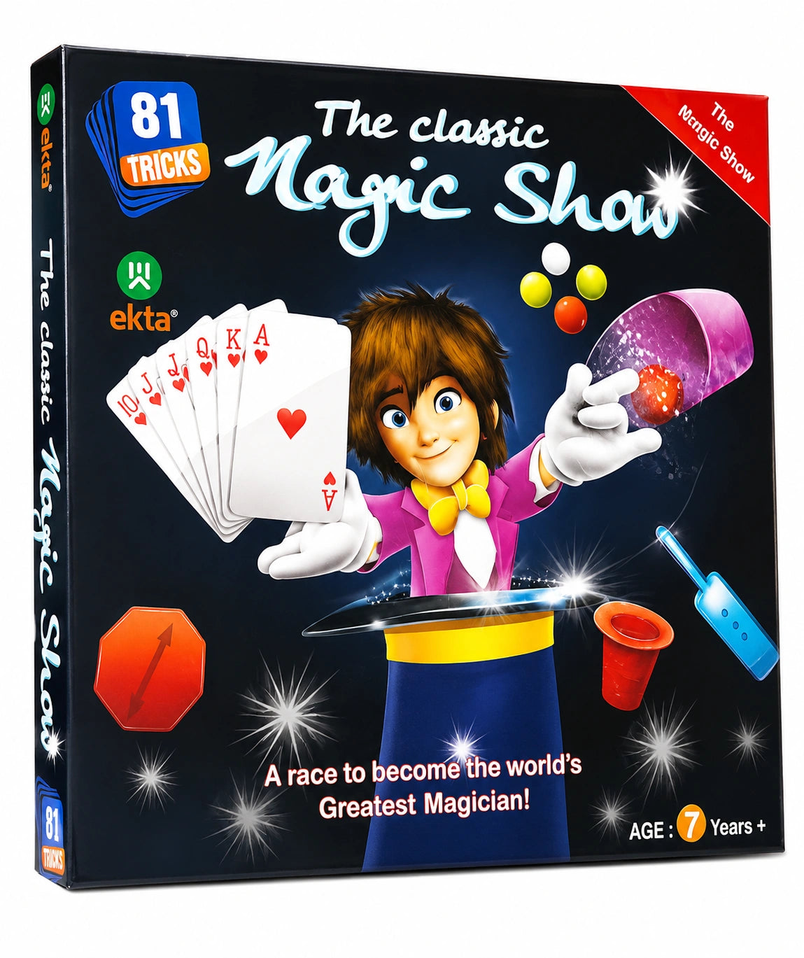81 Tricks Classic Magic Show kit for kids with magic cards, cups, balls, and fun magician accessories for age 7+, available at Toy Trendz by JJR Mart Thoothukudi.