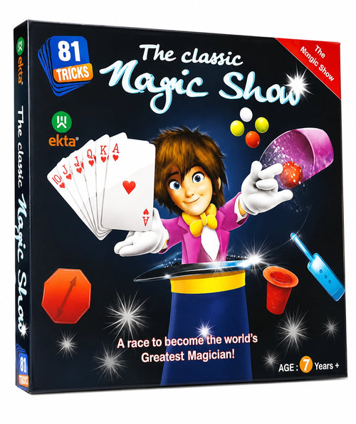 81 Tricks Classic Magic Show kit for kids with magic cards, cups, balls, and fun magician accessories for age 7+, available at Toy Trendz by JJR Mart Thoothukudi.