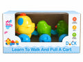Colorful duck pull along cart toy for kids with moving ducklings in box packaging on white background.