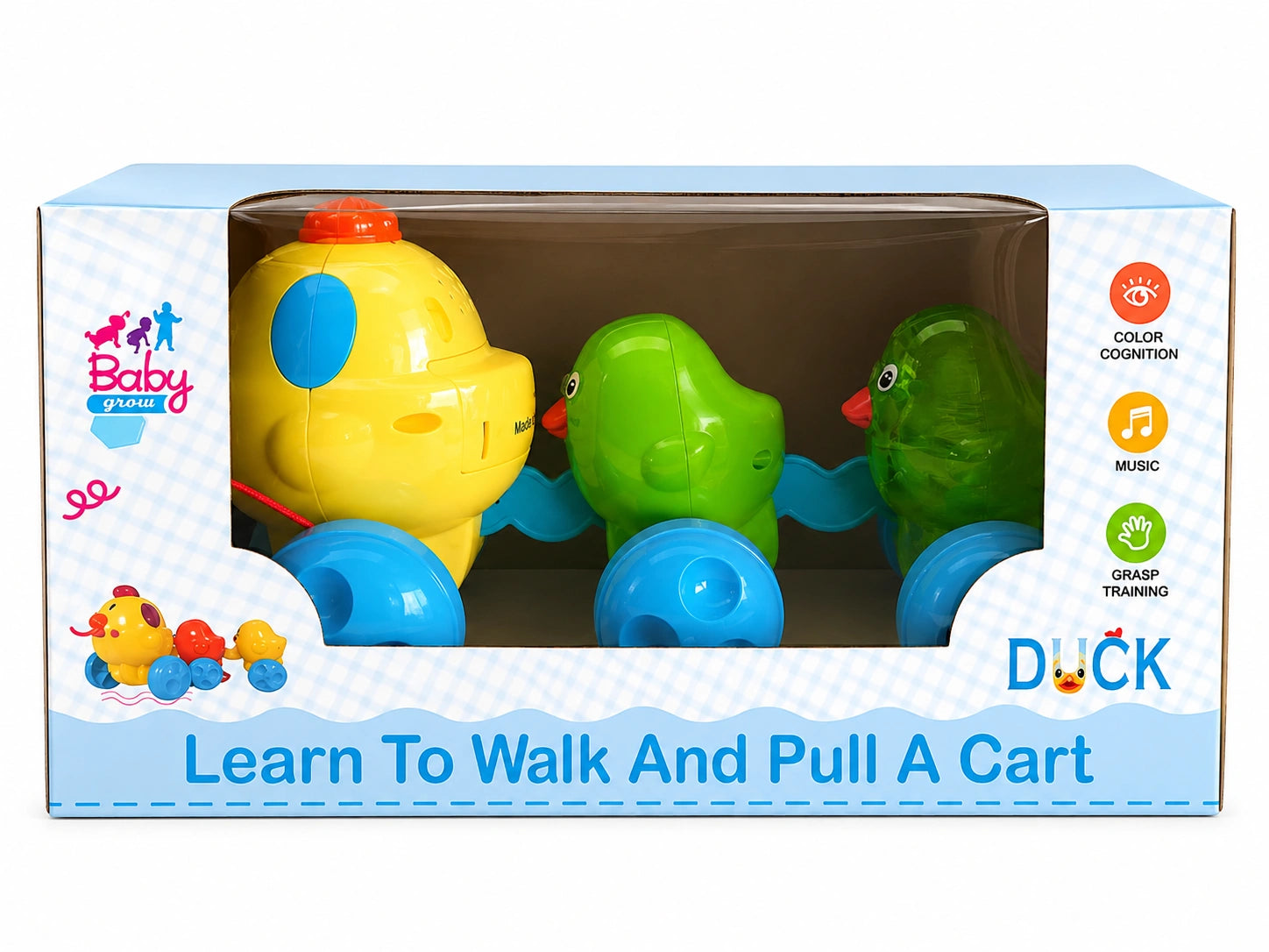 Colorful duck pull along cart toy for kids with moving ducklings in box packaging on white background.
