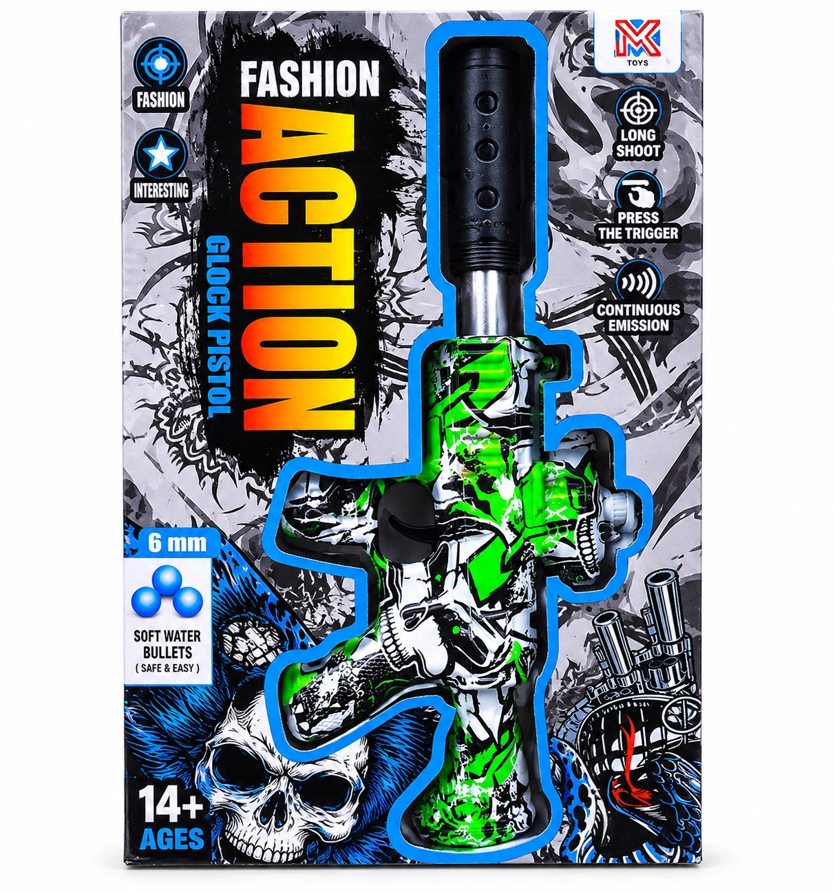 Fashion Action Glock pistol toy with soft water bullets in stylish box packaging on white background.