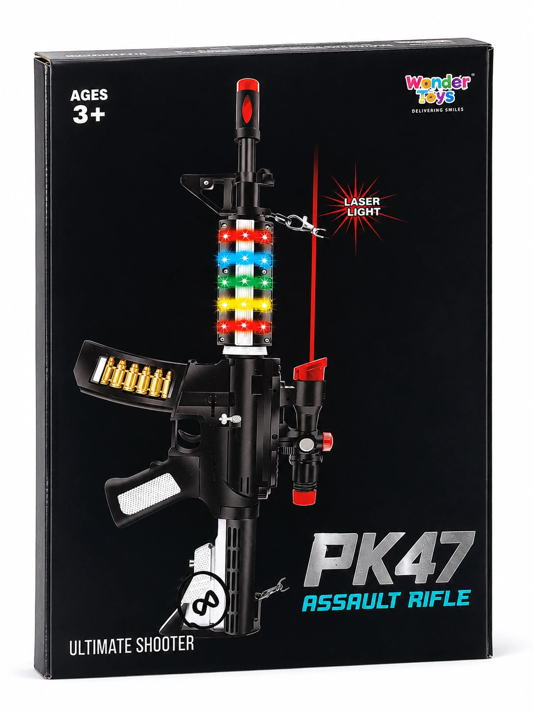 PK47 assault rifle toy with laser light and colorful LED design in black box packaging on white background.