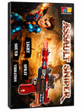 Assault Sniper toy gun with light, sound, spray, and vibration effects in colorful box packaging on white background.