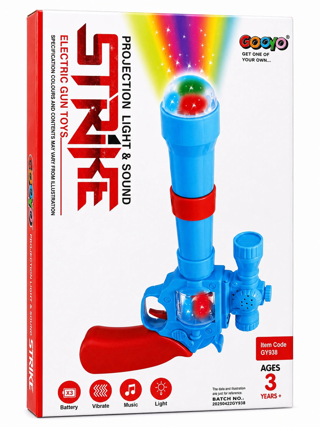 Strike projection light and sound toy gun with colorful LED effects in box packaging on white background.