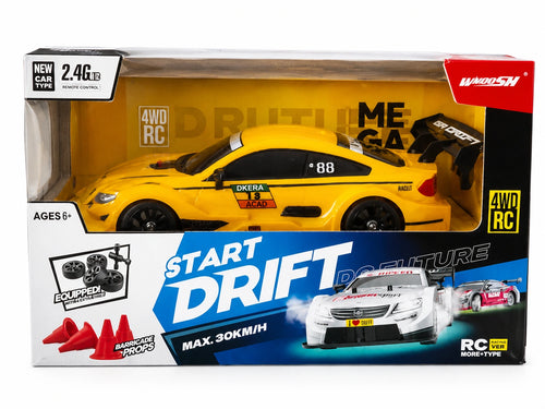 4WD drift remote control racing car toy with 2.4GHz control, stylish yellow sports car design, extra tires, and drifting features for kids age 6+, available at Toy Trendz by JJR Mart Thoothukudi.