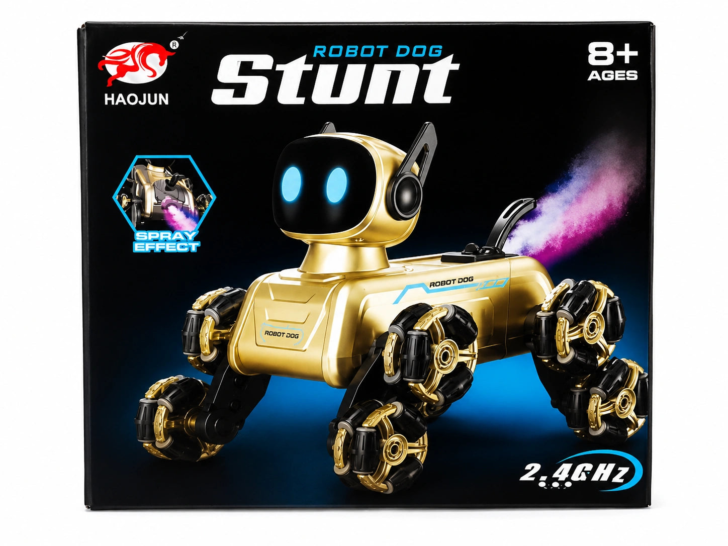 Robot Dog Stunt RC toy with spray effect, glowing eyes, 2.4GHz remote control, and futuristic robotic design for kids age 8+, available at Toy Trendz by JJR Mart Thoothukudi.