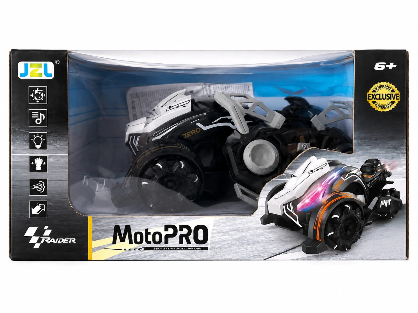 MotoPRO stunt rolling RC bike toy with futuristic racing design, LED lights, stunt action, music effects, and 360° rolling movement for kids age 6+, available at Toy Trendz by JJR Mart Thoothukudi.