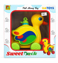 Colorful Sweet Duck pull along toy for kids with wheels in attractive box packaging on white background.