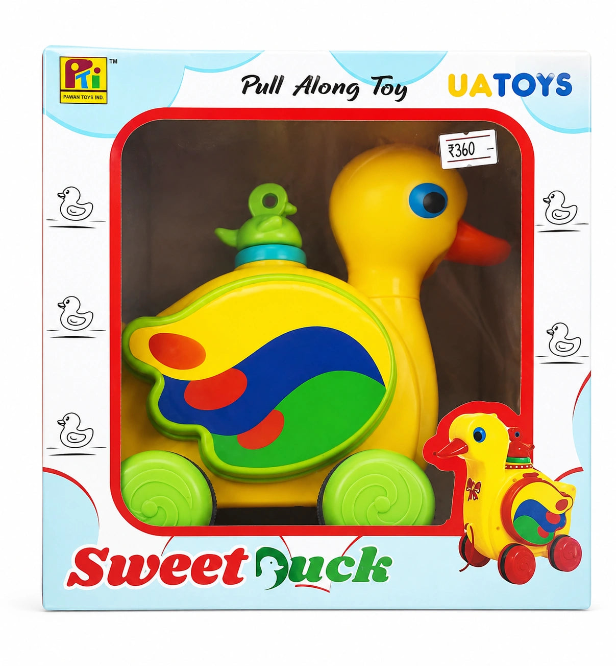 Colorful Sweet Duck pull along toy for kids with wheels in attractive box packaging on white background.
