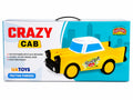 Yellow Crazy Cab friction powered toy car for kids in colorful box packaging on white background.