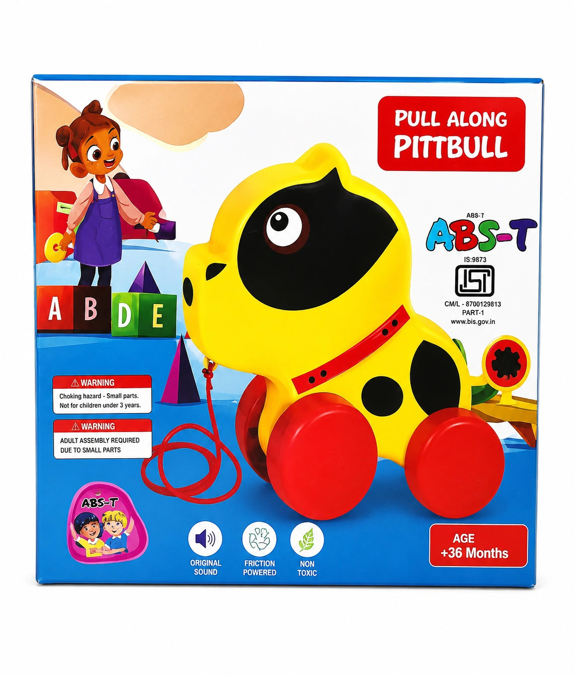 Colorful pull along Pittbull toy for kids with friction powered wheels and sound in box packaging on white background.