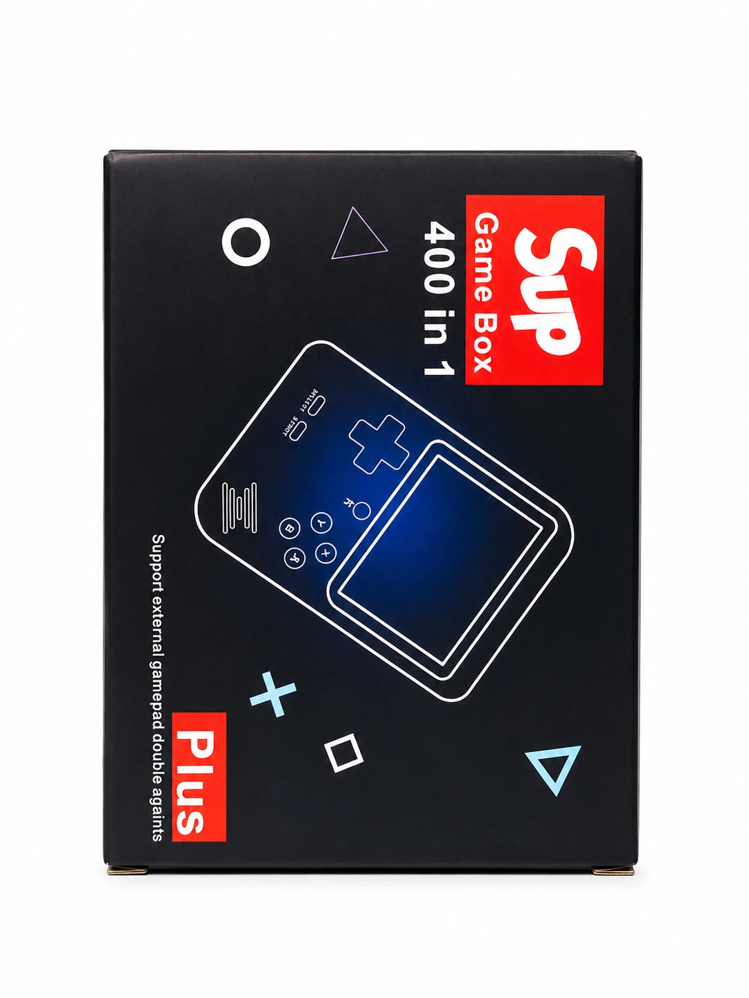 SUP Game Box 400 in 1 handheld retro gaming console with classic arcade games in premium black box packaging on white background.