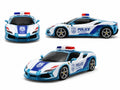White and blue pull back police sports car toy with lighting and sound features on white background