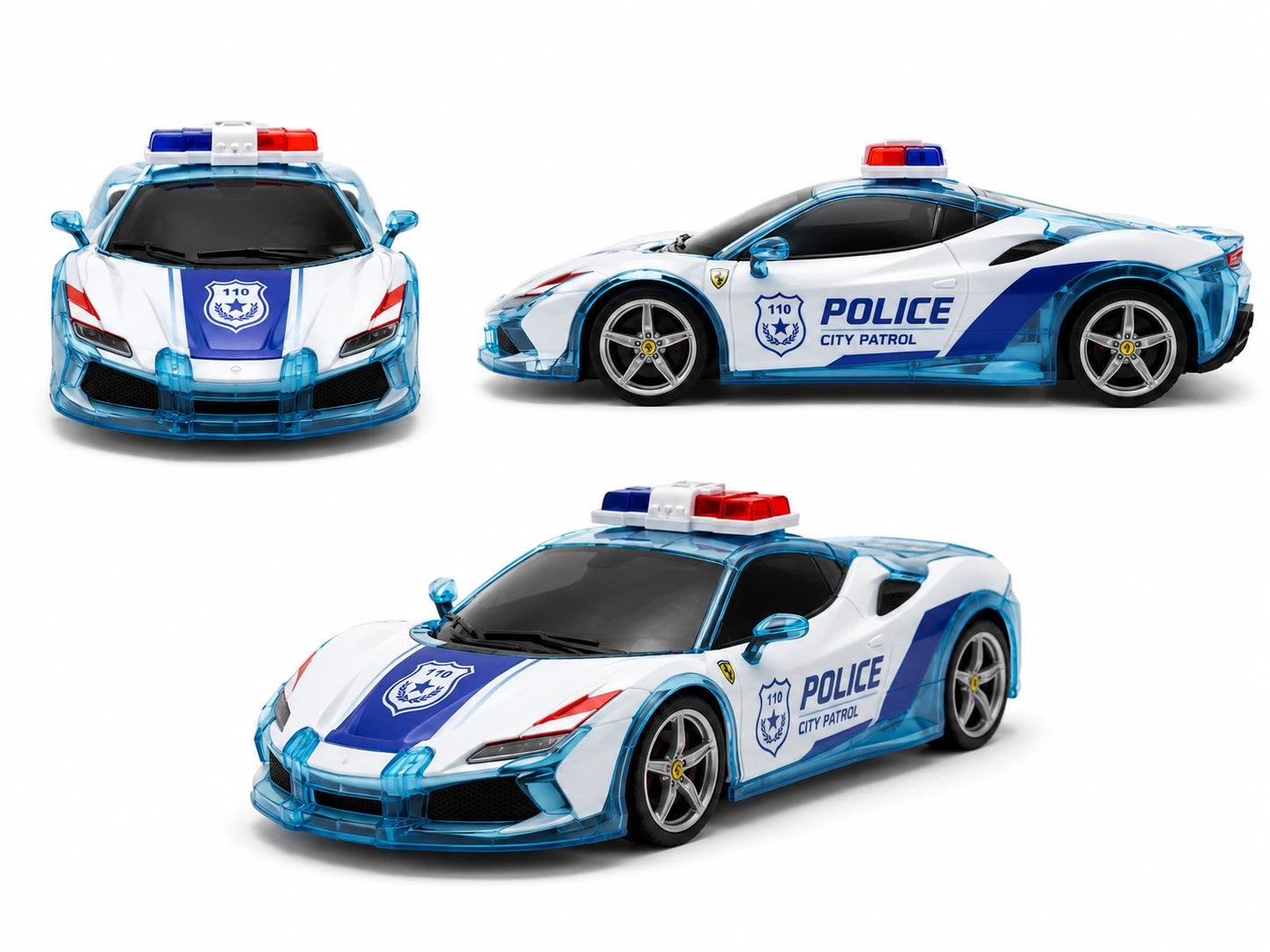 White and blue pull back police sports car toy with lighting and sound features on white background